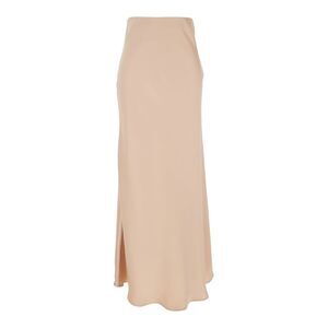 Plain Women Beige Long Skirt With Ruffle Detail At The Bottom In Satin Woman